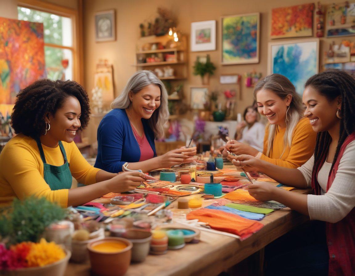 A vibrant gathering of diverse people engaging in various crafts together, surrounded by colorful art supplies and handcrafted items, symbolizing unity and creativity. In the background, an inviting community space filled with nature elements like trees and flowers to enhance the wholesome spirit of belonging. Warm, cheerful expressions on faces, showing joy and collaboration. super-realistic. vibrant colors. soft lighting.