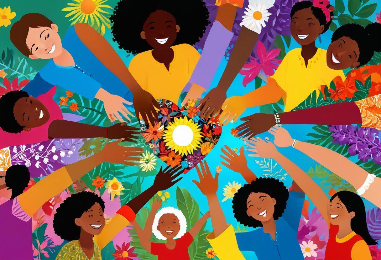 A vibrant scene depicting a diverse group of people joyfully engaging in activities together, showcasing a blend of cultures, traditions, and colors. The background features symbols of unity like intertwined hands and hearts, surrounded by natural elements such as flowers and sunshine, symbolizing hope and inclusion. The atmosphere is filled with laughter and collaboration, capturing the essence of an inclusive society. bright colors. super-realistic.