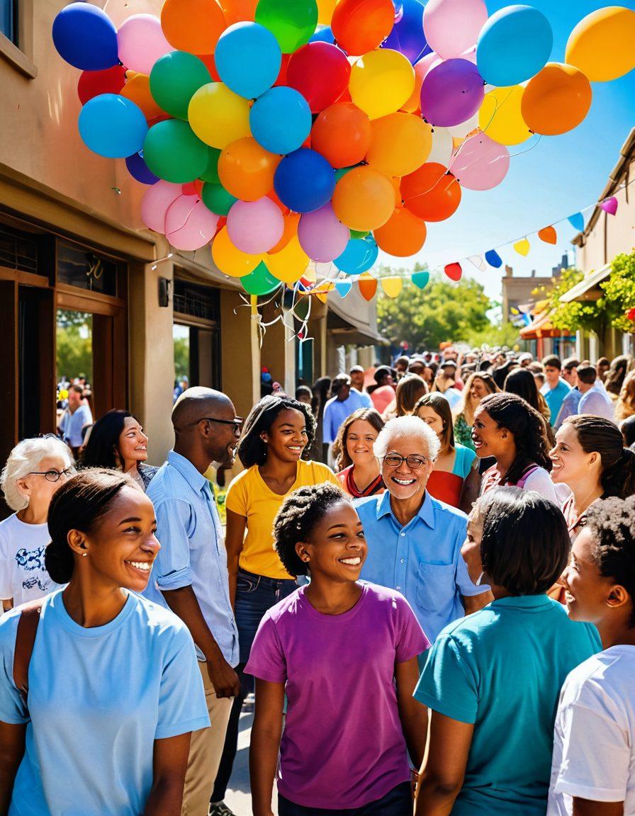 A vibrant community gathering filled with diverse people of all ages, cultures, and backgrounds smiling and interacting joyfully, surrounded by colorful decorations symbolizing inclusivity. Include elements like balloons, banners, and community art displays to enhance the festive spirit. Warm sunlight illuminating the scene, creating an uplifting atmosphere. painting. bright colors.